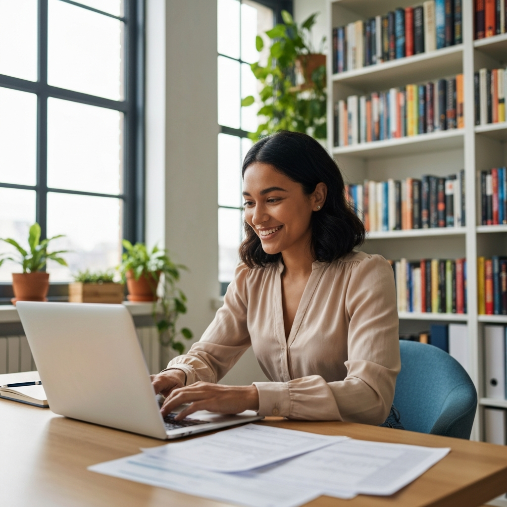 Femme gérant sa comptabilité LMNP en ligne depuis son bureau
