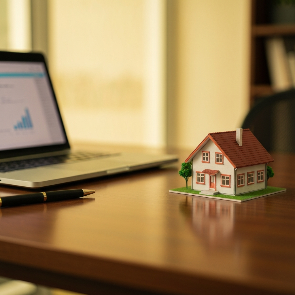 Maquette de maison et ordinateur portable sur bureau