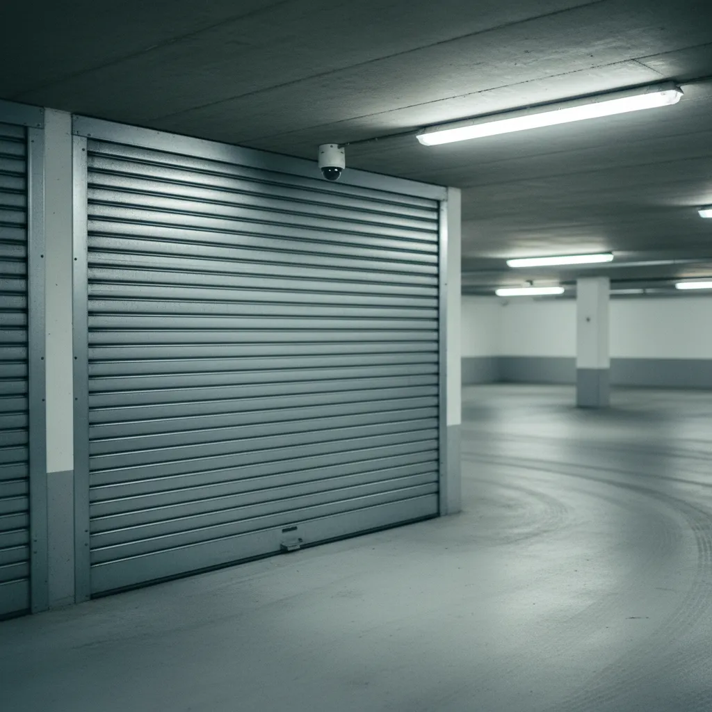 Box fermé dans un parking résidentiel sécurisé avec caméra de surveillance