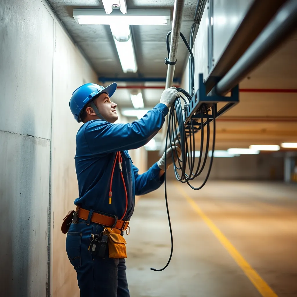 Un installateur certifié IRVE réalise le câblage dans le parking de la copropriété