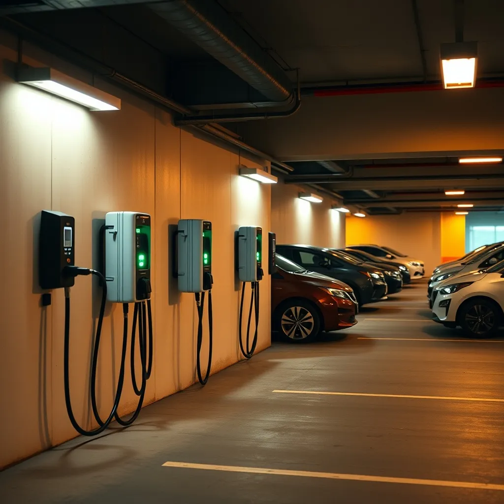 Infrastructure collective avec plusieurs bornes de recharge dans un parking de copropriété
