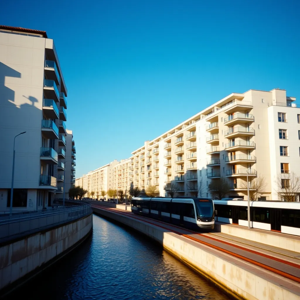 Le quartier Port Marianne avec ses résidences modernes le long du Lez et la ligne de tramway