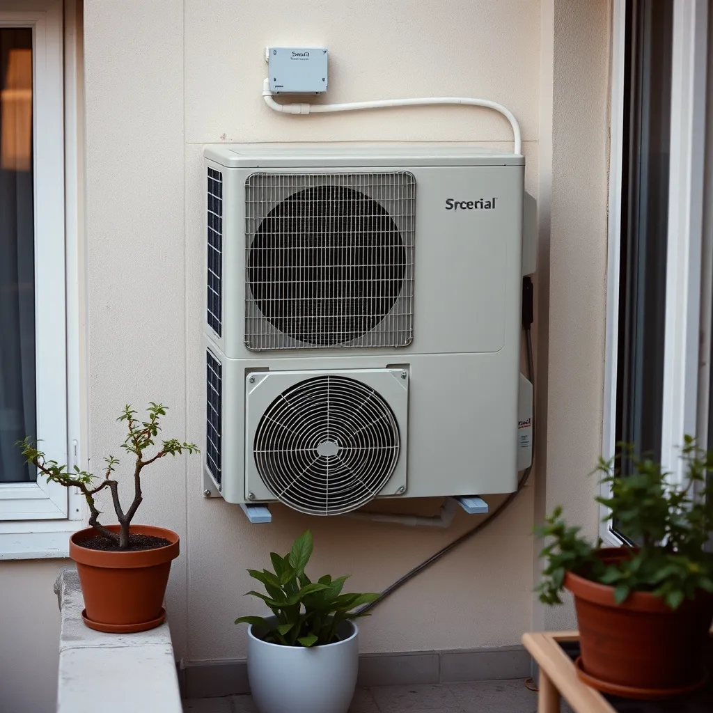 Cache-climatiseur décoratif intégré sur un balcon pour respecter l'harmonie de la façade