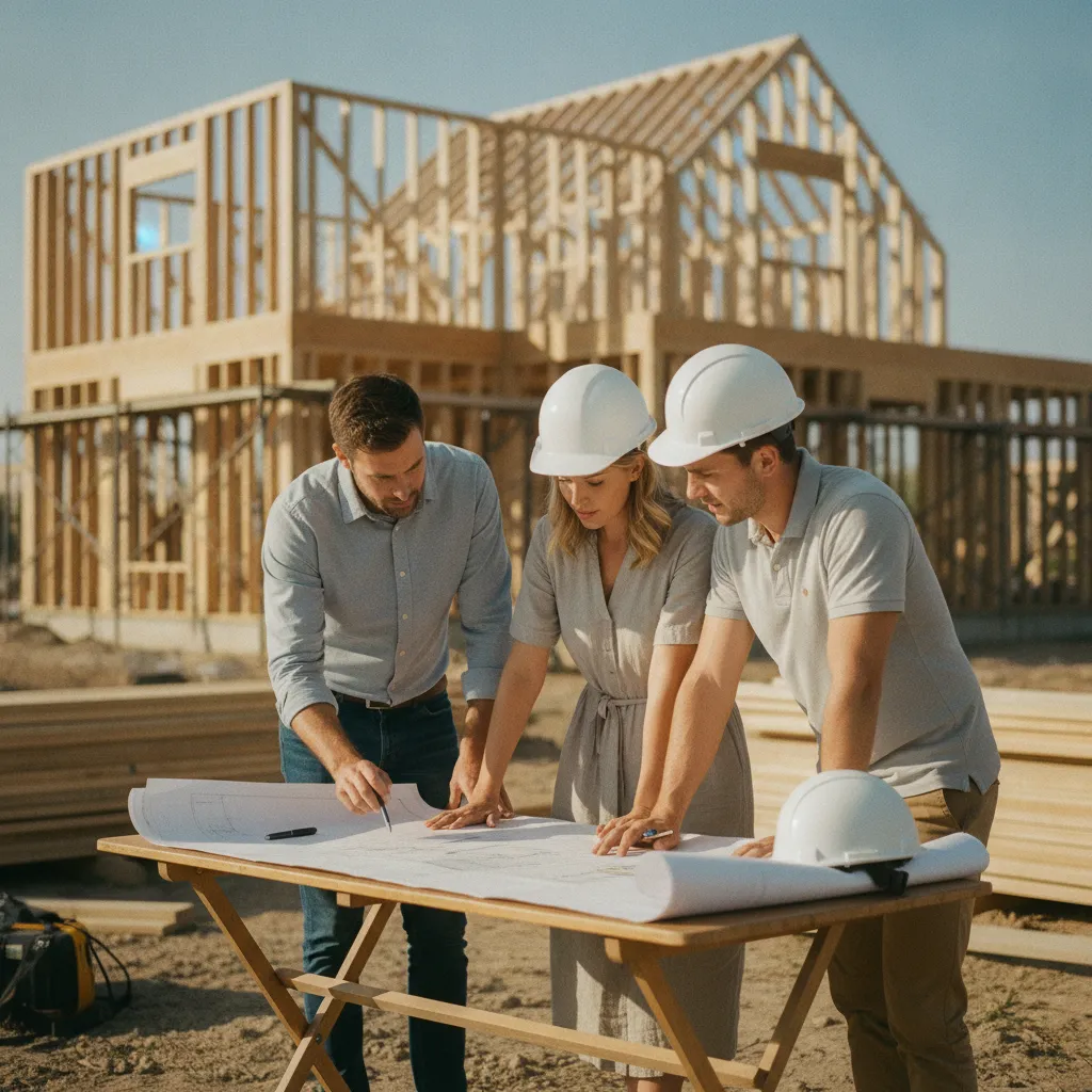 Étude des plans avec le constructeur sur le terrain avant le début du chantier