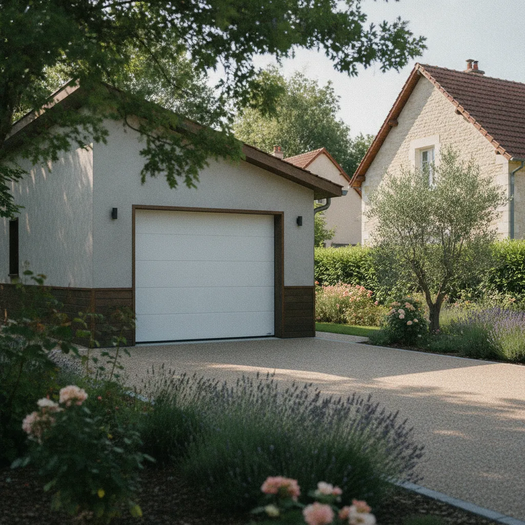 Garage attenant avec porte sectionnelle dans un quartier résidentiel français