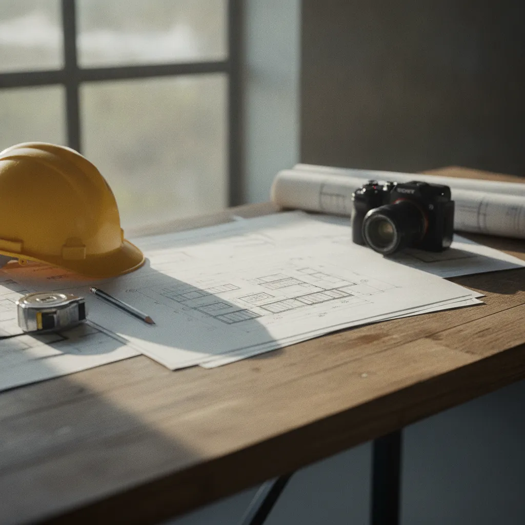 Plans architecturaux et outils de chantier sur un bureau lors de la phase de préparation