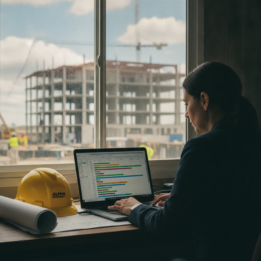 Suivi du planning de construction sur un diagramme de Gantt depuis le bureau de chantier