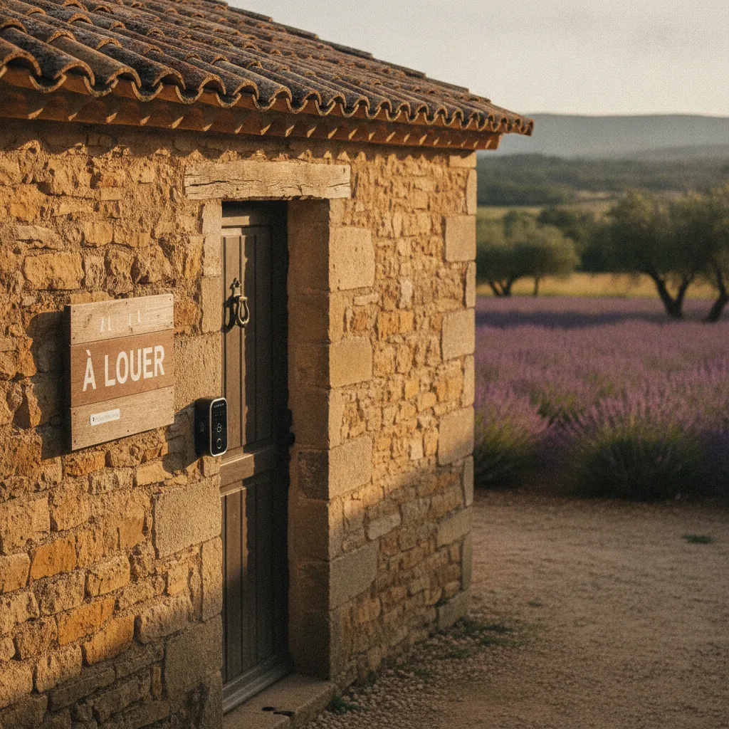 Boîte à clés connectée installée sur la porte d'un gîte en Provence