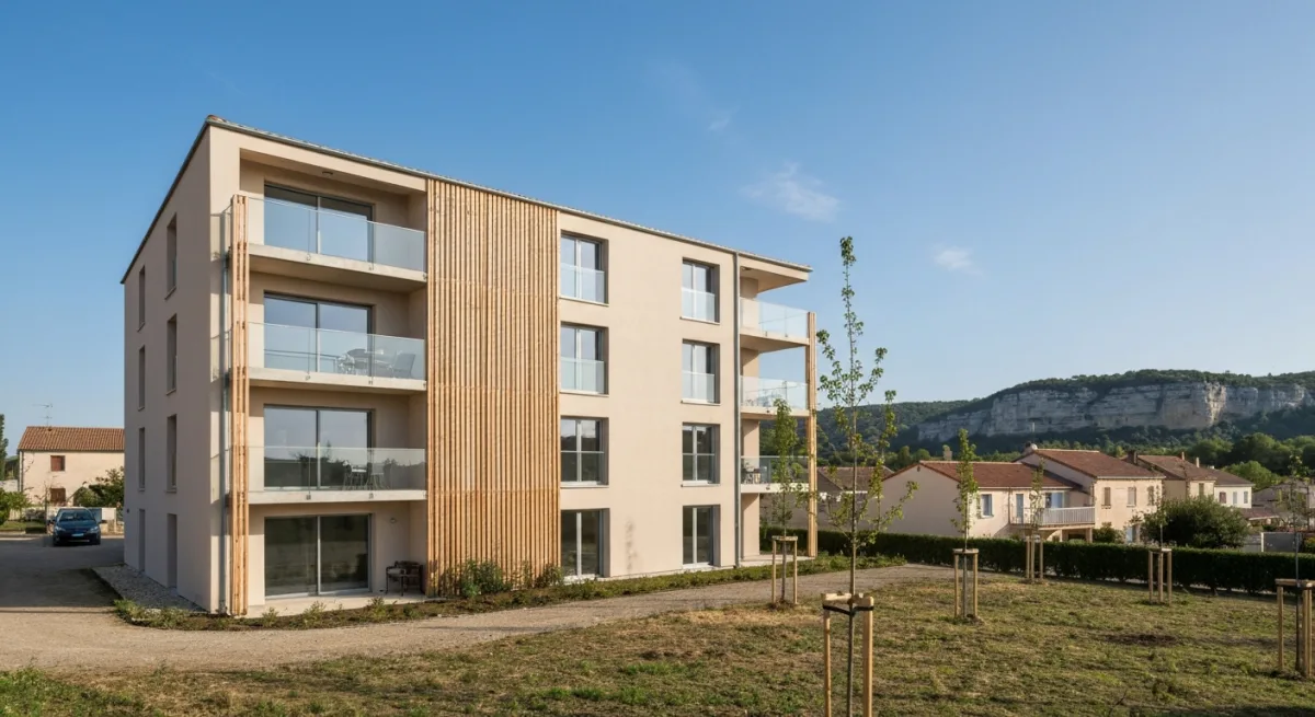Résidence collective neuve et lotissement de villas en Aveyron, illustrant la diversité des programmes immobiliers autour de Rodez
